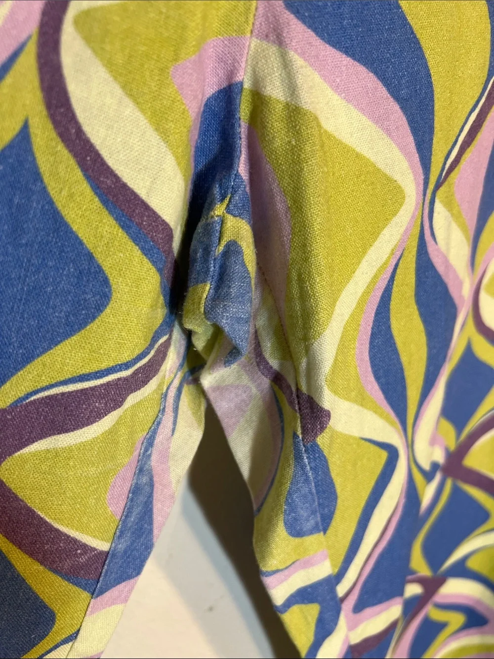 Zara Boot-Cut Groovy Retro Linen Pants in Blue, Green Lilac Geometric Print XL